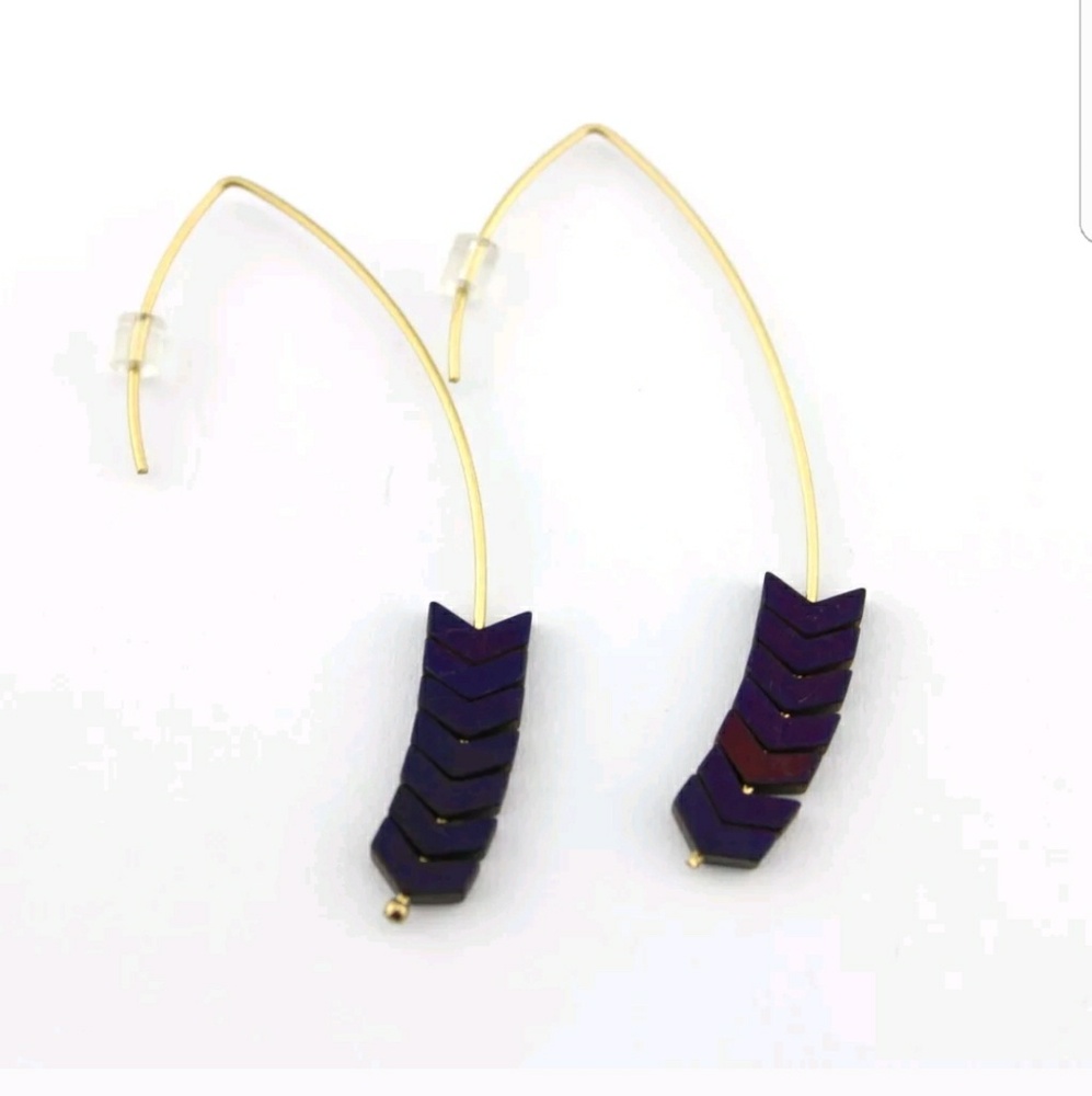 Women Chevron Drop Earrings Natural Hematite Stone - Picture 7 of 8